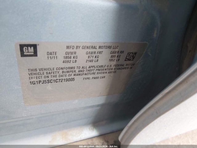 Продажа на аукционе авто 2012 Chevrolet Cruze Eco, vin: 1G1PJ5SC1C7219005, номер лота: 46181059