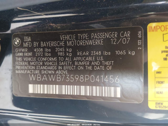 46181067 :رقم المزاد ، WBAWB73598P041456 vin ، 2008 Bmw 335i مزاد بيع