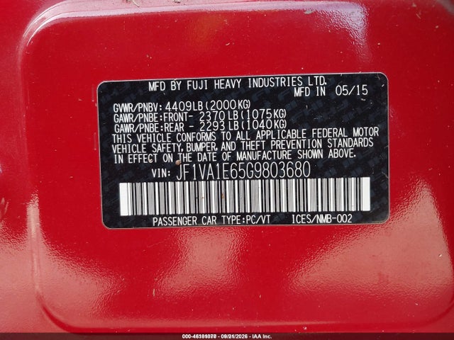 Продаж на аукціоні авто 2016 Subaru Wrx Premium, vin: JF1VA1E65G9803680, номер лоту: 46181070