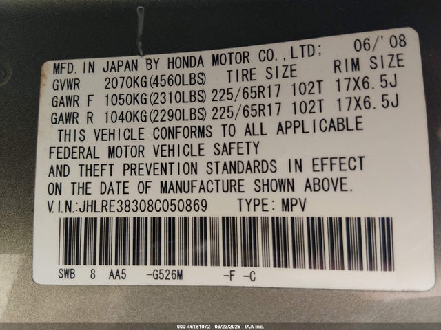 2008 Honda Cr-v Lx მანქანა იყიდება აუქციონზე, vin: JHLRE38308C050869, აუქციონის ნომერი: 46181072
