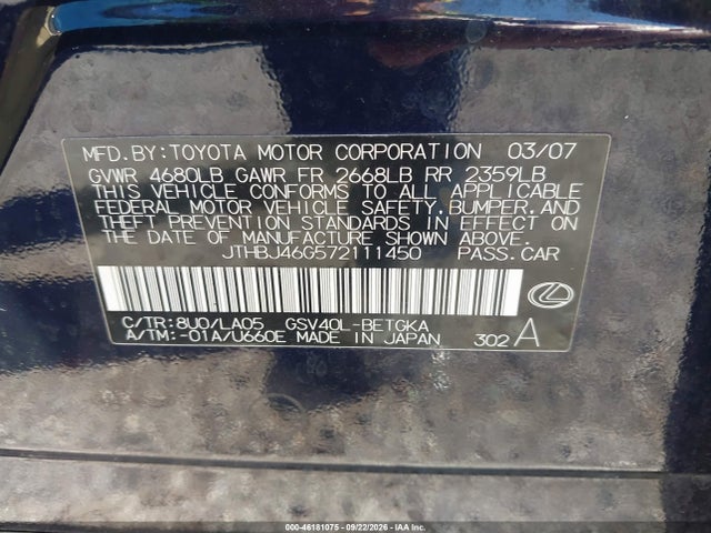 Продаж на аукціоні авто 2007 Lexus Es 350, vin: JTHBJ46G572111450, номер лоту: 46181075