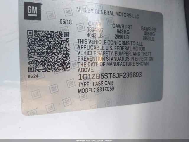 Aukcja sprzedaży 2018 Chevrolet Malibu 1ls, vin: 1G1ZB5ST8JF236893, numer aukcji: 46181077