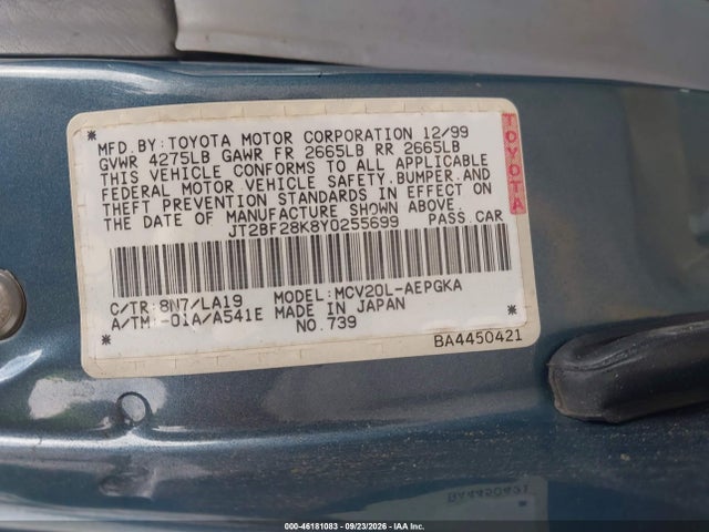 Aukcja sprzedaży 2000 Toyota Camry Xle V6, vin: JT2BF28K8Y0255699, numer aukcji: 46181083