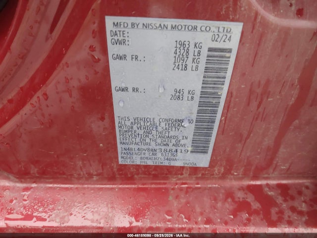 2024 Nissan Altima Sv Fwd მანქანა იყიდება აუქციონზე, vin: 1N4BL4DV8RN388419, აუქციონის ნომერი: 46181098