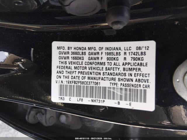 Продаж на аукціоні авто 2012 Honda Civic Lx, vin: 19XFB2F58CE377061, номер лоту: 46181110