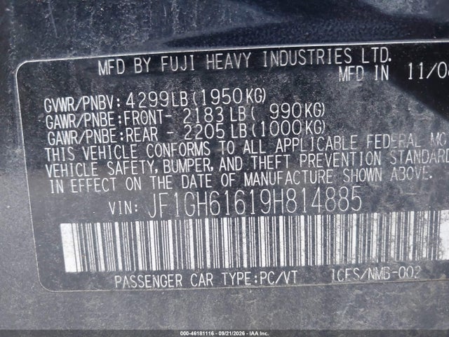 46181116 :رقم المزاد ، JF1GH61619H814885 vin ، 2009 Subaru Impreza 2.5i مزاد بيع