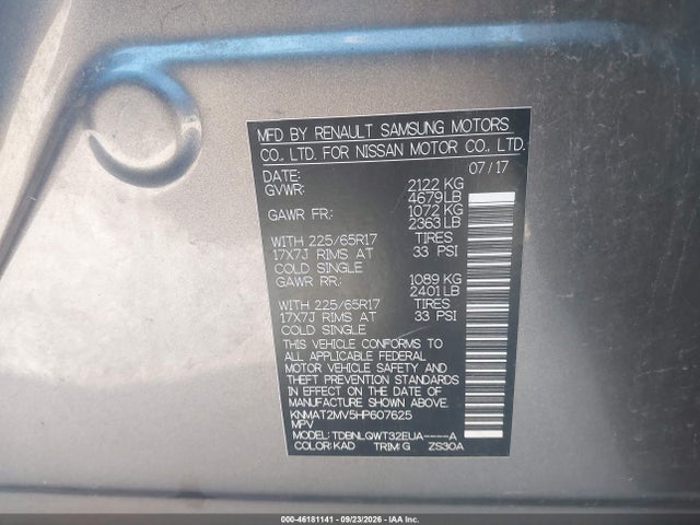 46181141 :رقم المزاد ، KNMAT2MV5HP607625 vin ، 2017 Nissan Rogue Sv مزاد بيع