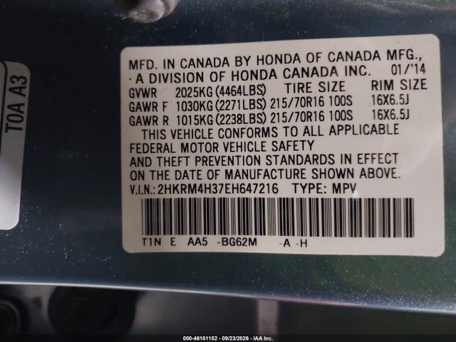 Продаж на аукціоні авто 2014 Honda Cr-v Lx, vin: 2HKRM4H37EH647216, номер лоту: 46181152