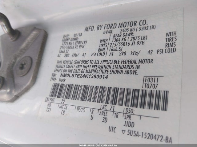46181153 :رقم المزاد ، NM0LS7E24K1390914 vin ، 2019 Ford Transit Connect Xl مزاد بيع