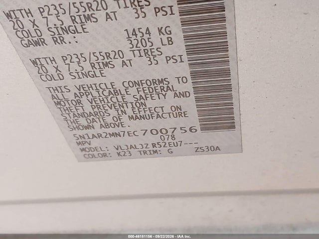 5N1AR2MN7EC700756 Nissan Pathfinder Platinum