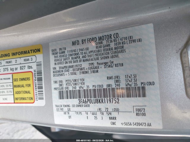 Aukcja sprzedaży 2019 Ford Fusion Hybrid Se, vin: 3FA6P0LU8KR119752, numer aukcji: 46181163