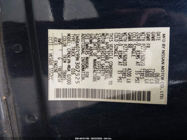Продаж на аукціоні авто 2009 Nissan Titan Le, vin: 1N6BA07C99N307525, номер лоту: 46181168