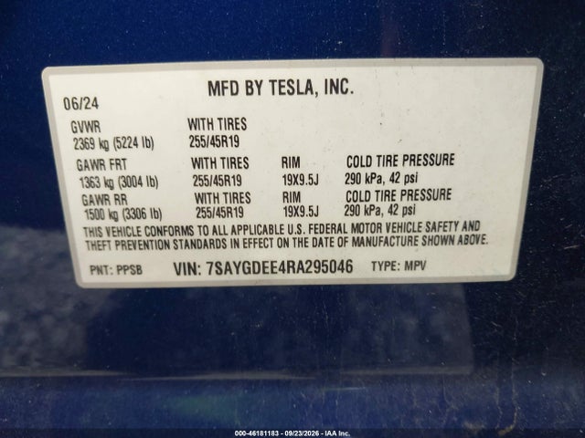 Продаж на аукціоні авто 2024 Tesla Model Y Long Range Dual Motor All-wheel Drive, vin: 7SAYGDEE4RA295046, номер лоту: 46181183