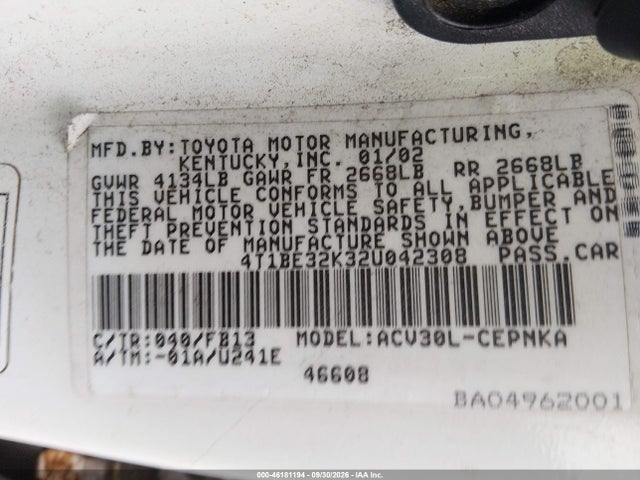 Продажа на аукционе авто 2002 Toyota Camry Le, vin: 4T1BE32K32U042308, номер лота: 46181194