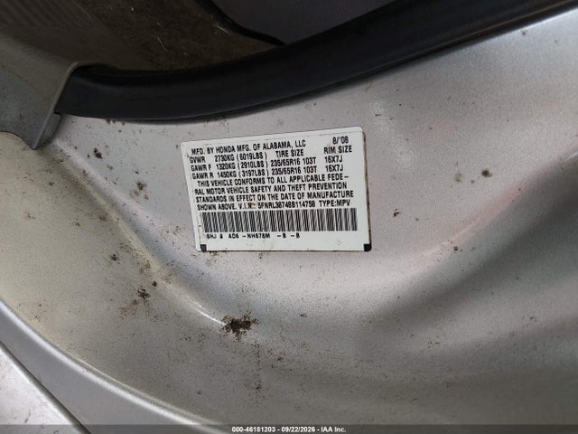 Aukcja sprzedaży 2008 Honda Odyssey Ex-l, vin: 5FNRL38748B114758, numer aukcji: 46181203