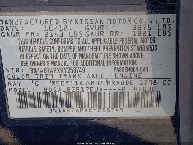 Aukcja sprzedaży 2019 Nissan Sentra S, vin: 3N1AB7APXKY258749, numer aukcji: 46181205