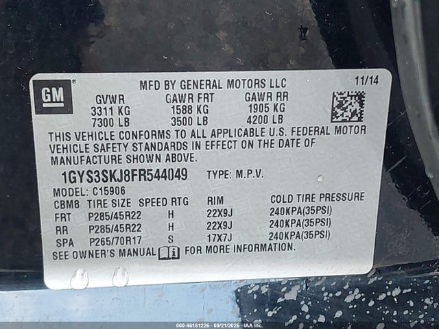 46181226 :رقم المزاد ، 1GYS3SKJ8FR544049 vin ، 2015 Cadillac Escalade Esv Luxury مزاد بيع