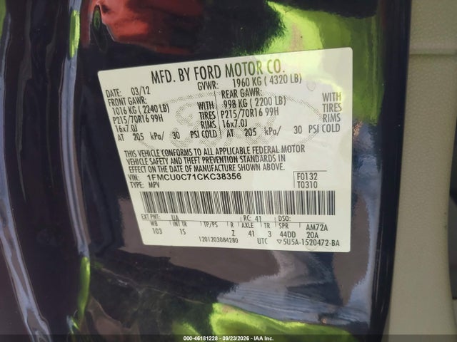 2012 Ford Escape Xls მანქანა იყიდება აუქციონზე, vin: 1FMCU0C71CKC38356, აუქციონის ნომერი: 46181228