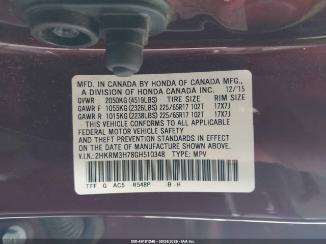 Aukcja sprzedaży 2016 Honda Cr-v Ex-l, vin: 2HKRM3H78GH510348, numer aukcji: 46181246