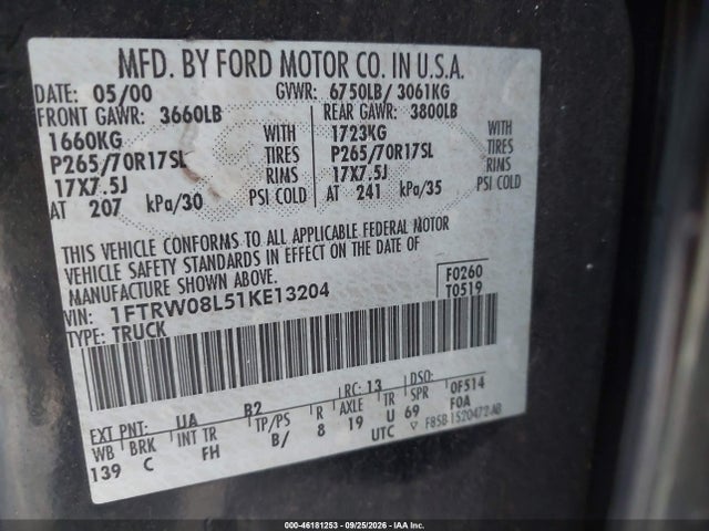 Продаж на аукціоні авто 2001 Ford F-150 King Ranch Edition/lariat/xlt, vin: 1FTRW08L51KE13204, номер лоту: 46181253