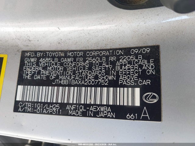 46181255 :رقم المزاد ، JTHBB1BAXA2007752 vin ، 2010 Lexus Hs 250h Premium مزاد بيع