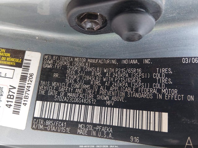 Aukcja sprzedaży 2006 Toyota Sienna Le, vin: 5TDZA23C06S482612, numer aukcji: 46181258