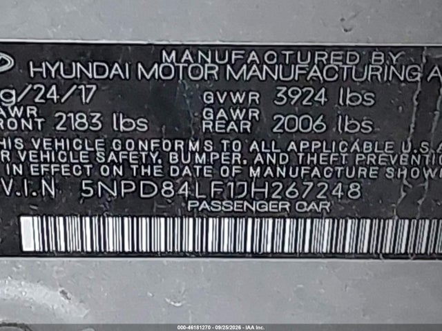 Aukcja sprzedaży 2018 Hyundai Elantra Value Edition, vin: 5NPD84LF1JH267248, numer aukcji: 46181270