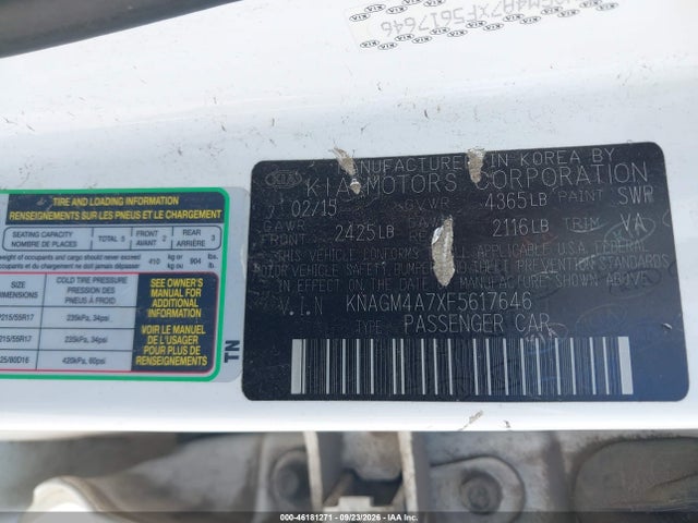 46181271 :رقم المزاد ، KNAGM4A7XF5617646 vin ، 2015 Kia Optima Lx مزاد بيع