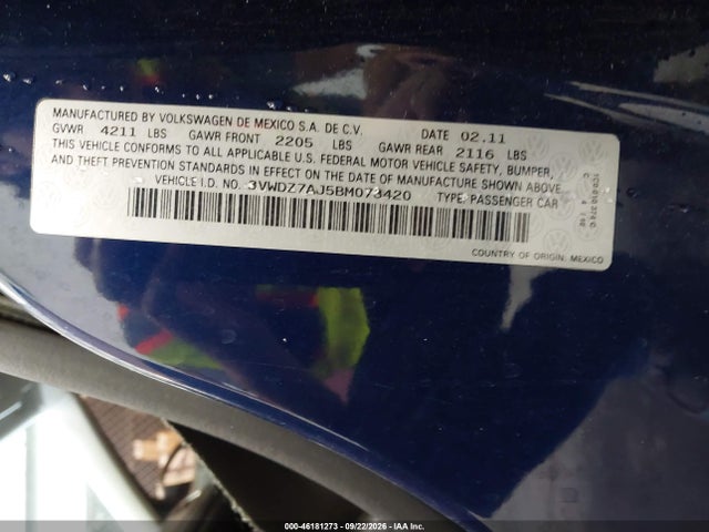 46181273 :رقم المزاد ، 3VWDZ7AJ5BM073420 vin ، 2011 Volkswagen Jetta 2.5l Se مزاد بيع