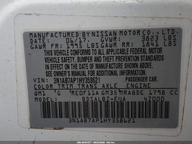 46181277 :رقم المزاد ، 3N1AB7AP1HY358621 vin ، 2017 Nissan Sentra S مزاد بيع