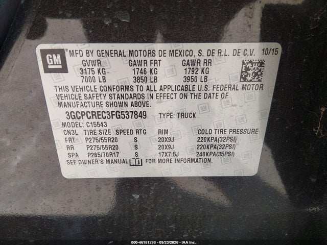 46181298 :رقم المزاد ، 3GCPCREC3FG537849 vin ، 2015 Chevrolet Silverado 1500 1lt مزاد بيع