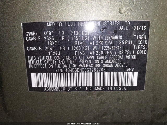46181302 :رقم المزاد ، 4S4BSBNC3G3282706 vin ، 2016 Subaru Outback 2.5i Limited مزاد بيع