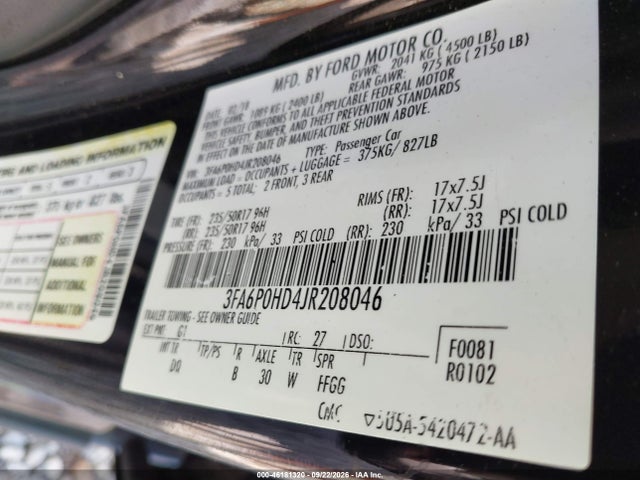 Ford FUSION SE 2018 3FA6P0HD4JR208046 Image 9