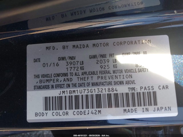 2016 Mazda Mazda3 I Sport მანქანა იყიდება აუქციონზე, vin: JM1BM1U73G1321884, აუქციონის ნომერი: 46181321