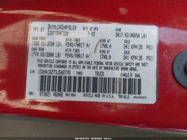 Продаж на аукціоні авто 2003 Dodge Ram 1500 Slt/laramie/st, vin: 1D3HA18Z73J502776, номер лоту: 46181333