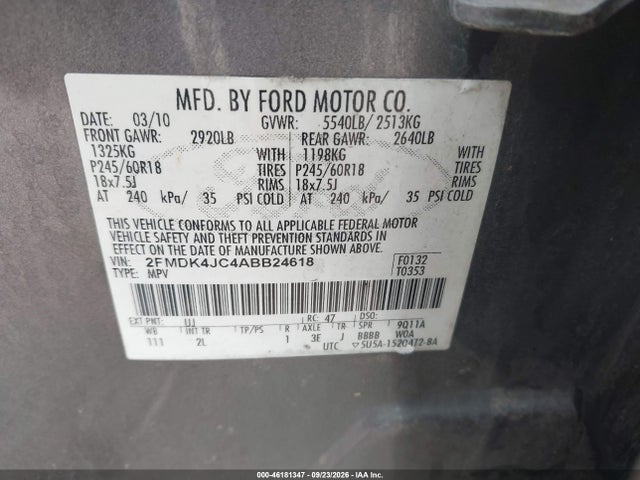 2010 Ford Edge Sel მანქანა იყიდება აუქციონზე, vin: 2FMDK4JC4ABB24618, აუქციონის ნომერი: 46181347