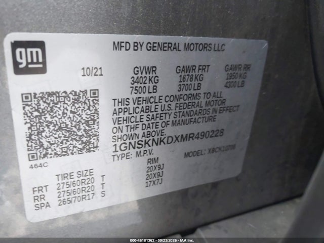 46181362 :رقم المزاد ، 1GNSKNKDXMR490228 vin ، 2021 Chevrolet Tahoe Lt مزاد بيع