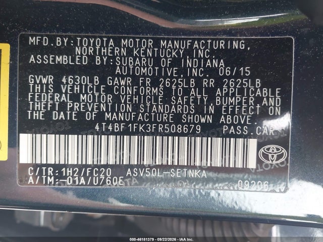 Aukcja sprzedaży 2015 Toyota Camry Le, vin: 4T4BF1FK3FR508679, numer aukcji: 46181379