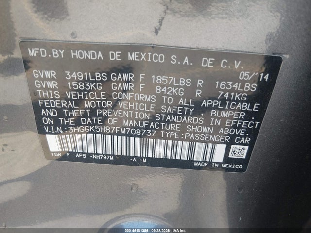 2015 Honda Fit Ex/ex-l მანქანა იყიდება აუქციონზე, vin: 3HGGK5H87FM708737, აუქციონის ნომერი: 46181386