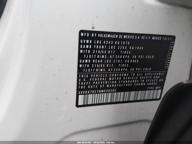 Продаж на аукціоні авто 2022 Volkswagen Taos S, vin: 3VVDX7B27NM036360, номер лоту: 46181393