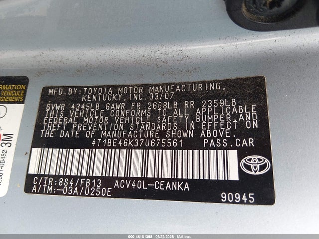 Продаж на аукціоні авто 2007 Toyota Camry Le, vin: 4T1BE46K37U675561, номер лоту: 46181398