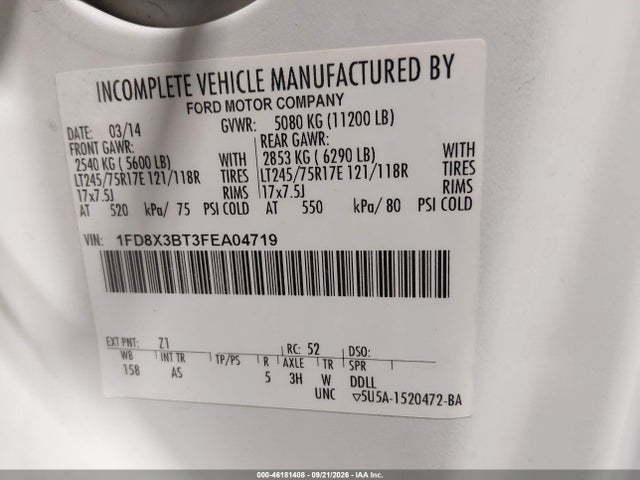 46181408 :رقم المزاد ، 1FD8X3BT3FEA04719 vin ، 2015 Ford F-350 Xl مزاد بيع