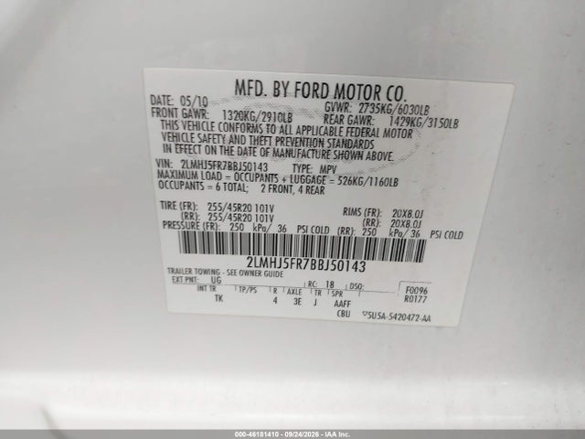 46181410 :رقم المزاد ، 2LMHJ5FR7BBJ50143 vin ، 2011 Lincoln Mkt مزاد بيع