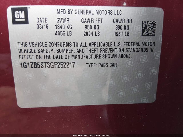 46181427 :رقم المزاد ، 1G1ZB5ST3GF252217 vin ، 2016 Chevrolet Malibu Ls مزاد بيع