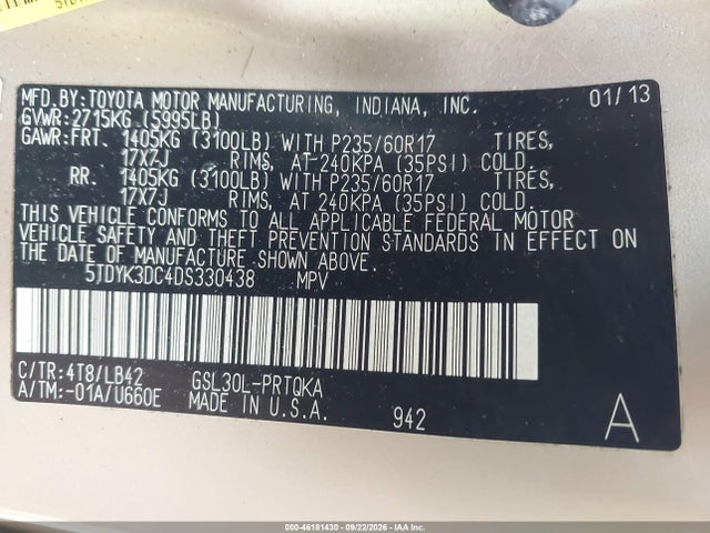 2013 Toyota Sienna Xle V6 8 Passenger მანქანა იყიდება აუქციონზე, vin: 5TDYK3DC4DS330438, აუქციონის ნომერი: 46181430