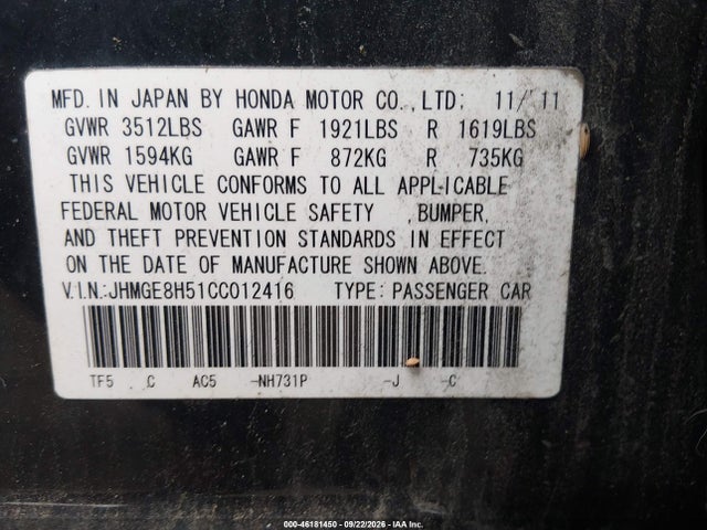 2012 Honda Fit Sport მანქანა იყიდება აუქციონზე, vin: JHMGE8H51CC012416, აუქციონის ნომერი: 46181450