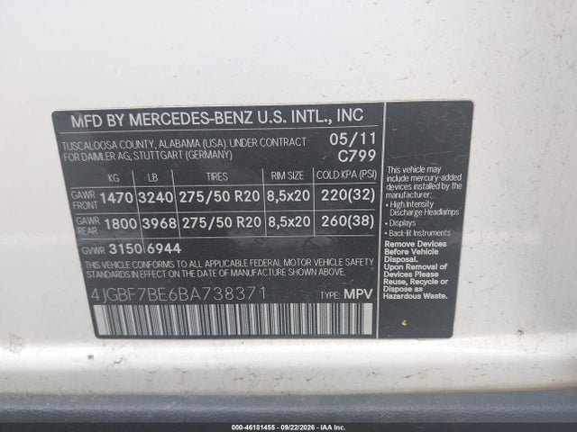 Продаж на аукціоні авто 2011 Mercedes-benz Gl 450 4matic, vin: 4JGBF7BE6BA738371, номер лоту: 46181455