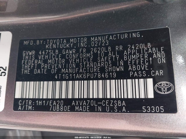 4T1G11AK6PU784619 Toyota CAMRY SE