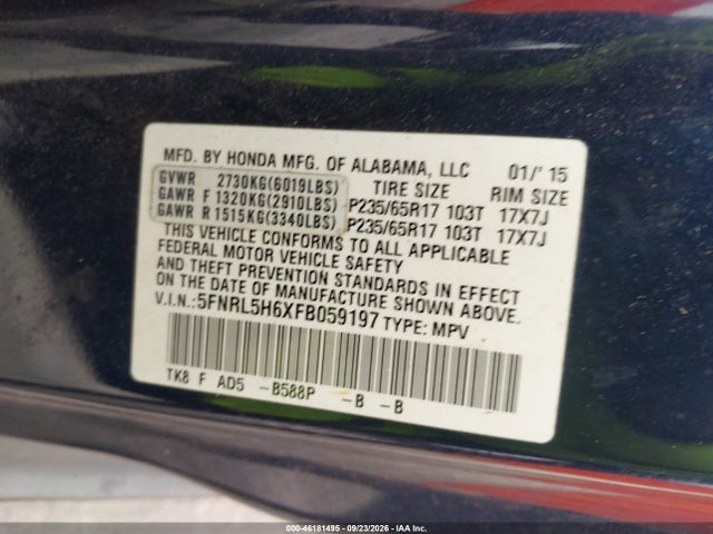 Aukcja sprzedaży 2015 Honda Odyssey Ex-l, vin: 5FNRL5H6XFB059197, numer aukcji: 46181495