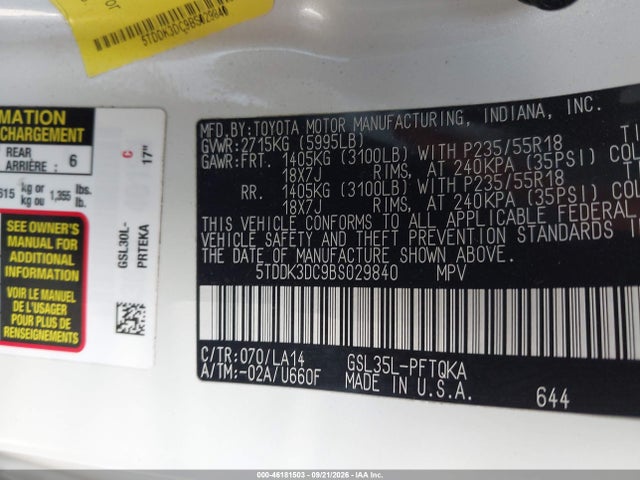 Продажа на аукционе авто 2011 Toyota Sienna Limited, vin: 5TDDK3DC9BS029840, номер лота: 46181503